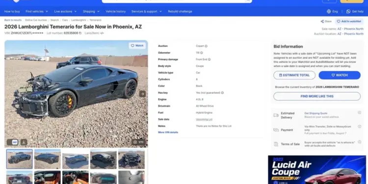 Lamborghini Temerario со 116 милями — на аукционе Copart
