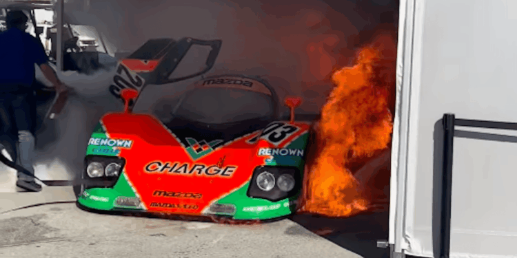 Легендарная Mazda 767B вспыхнула в паддоке Лагуны Сека